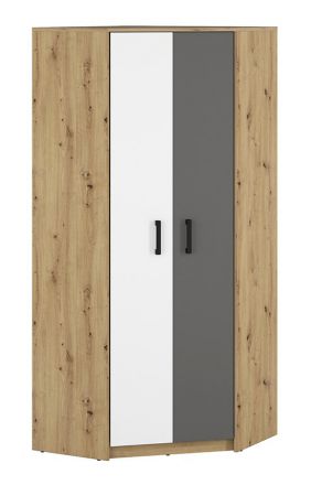 Children's room - Hinged door cabinet / Corner Wardrobe Sallingsund 13, Colour: Oak / White / Anthracite - Measurements: 191 x 82 x 82 cm (H x W x D), with 2 doors and 5 compartments