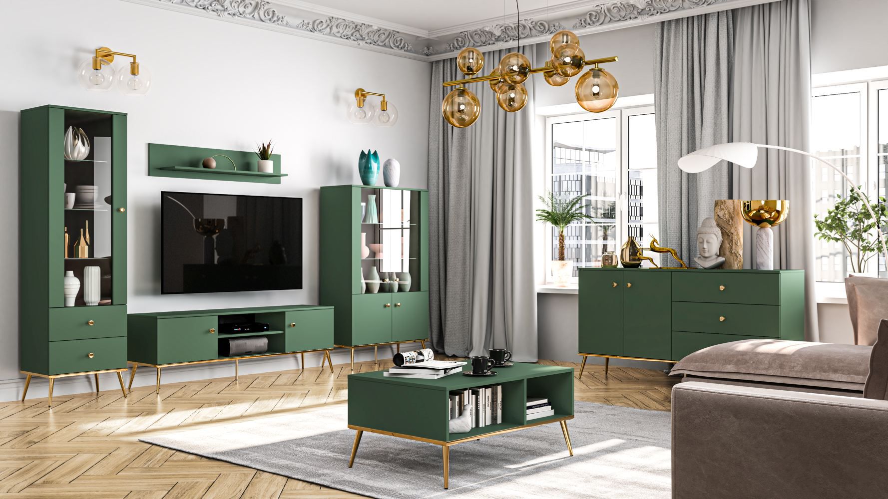 Living room complete - Set B Inari, 6 pieces, Colour: forest green / gold