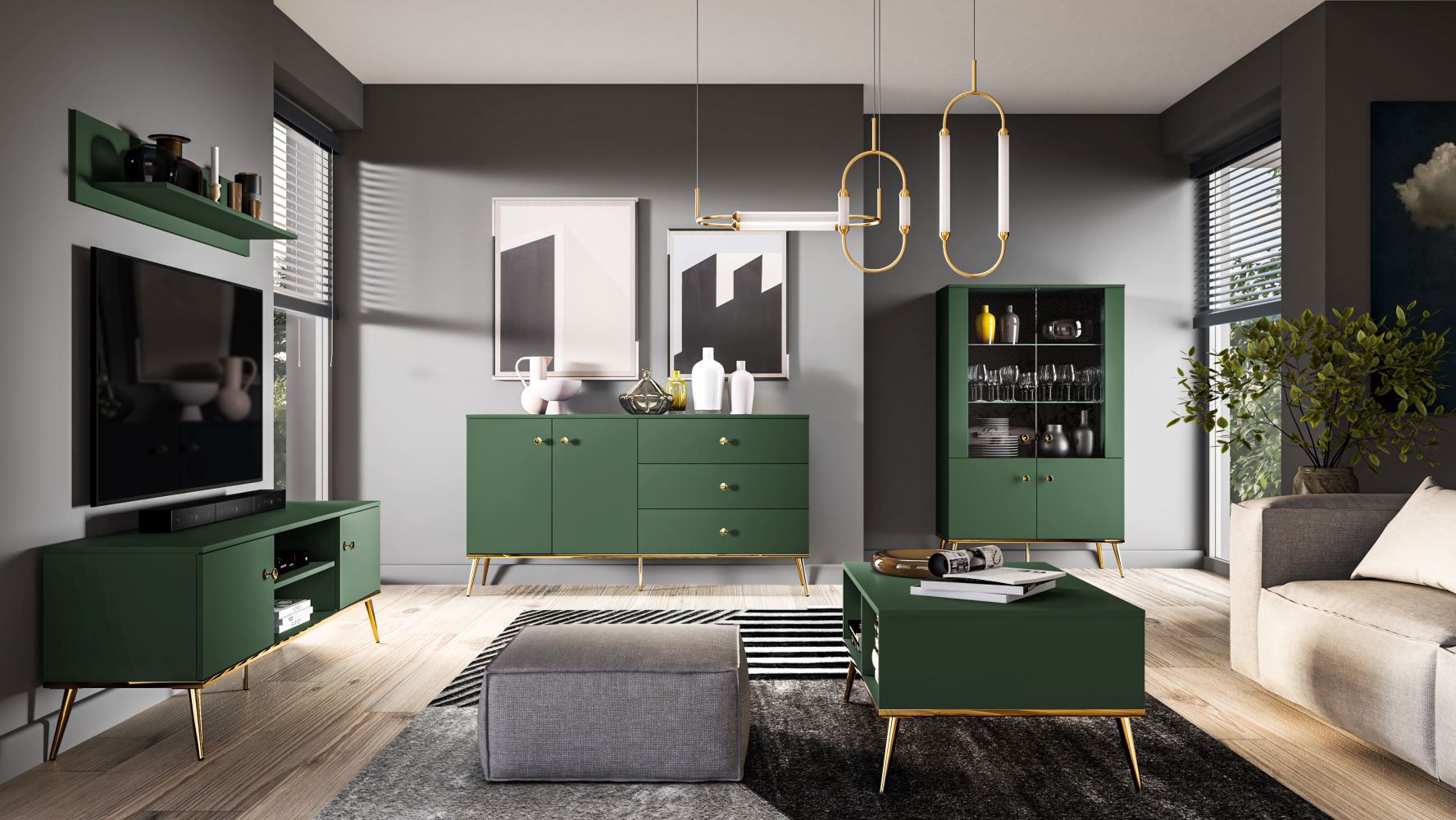Living room complete - Set C Inari, 5 pieces, Colour: forest green / gold