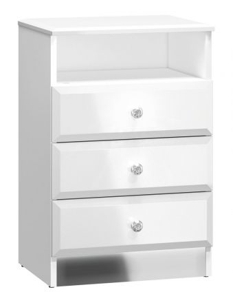 Bedside table Sydfalster 07, Colour: White / White high gloss - Measurements: 68 x 45 x 34 cm (H x W x D), with 3 drawers and 1 shelf