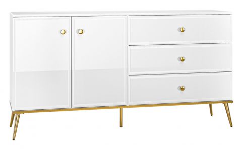 Chest of drawers Roanoke 04, Colour: White / Glossy White - Measurements: 85 x 160 x 40 cm (H x W x D), with 2 doors, 3 drawers and 2 compartments.
