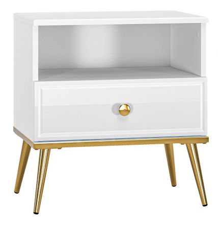 Bedside table Roanoke 07, Colour: White / Glossy White - Measurements: 53 x 50 x 34 cm (H x W x D), with 1 drawer and 1 shelf.