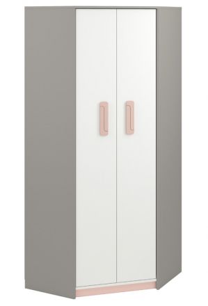 Children's room - Hinged door cabinet / Corner Closet Renton 01, Colour: Platinum Grey / White / Powder Pink - Measurements: 199 x 82 x 82 cm (H x W x D), with 2 doors and 6 compartments.