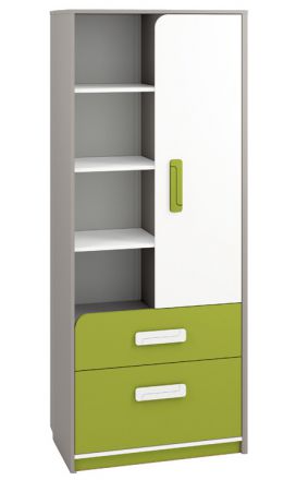 Children's room - Wardrobe Renton 03, Colour: Platinum Grey / White / Green - Measurements: 199 x 80 x 40 cm (H x W x D), with 1 door, 2 drawers and 8 compartments