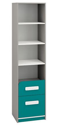 Children's room - Shelf Renton 06, Colour: Platinum Grey / White / Blue Green - Measurements: 199 x 50 x 40 cm (H x W x D), with 2 drawers and 4 compartments