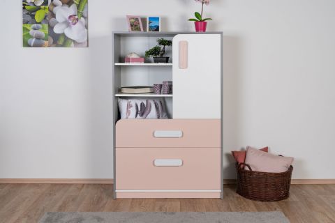 Children's room - Chest of drawers Renton 07, Colour: Platinum Grey / White / Powder Pink - Measurements: 140 x 92 x 40 cm (H x W x D), with 1 door, 2 drawers and 6 compartments