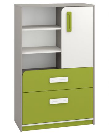 Children's room - Chest of drawers Renton 07, Colour: Platinum Grey / White / Green - Measurements: 140 x 92 x 40 cm (H x W x D), with 1 door, 2 drawers and 6 compartments