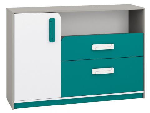 Children's room - Chest of drawers Renton 09, Colour: Platinum Grey / White / Blue Green - Measurements: 94 x 138 x 40 cm (H x W x D), with 1 door, 2 drawers and 4 compartments