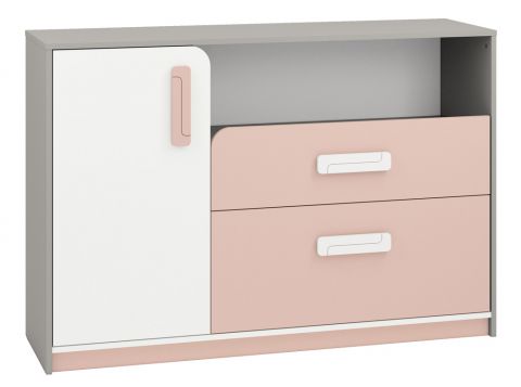 Children's room - Chest of drawers Renton 09, Colour: Platinum Grey / White / Powder Pink - Measurements: 94 x 138 x 40 cm (H x W x D), with 1 door, 2 drawers and 4 compartments