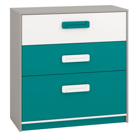 Children's room - Chest of drawers Renton 10, Colour: Platinum Grey / White / Blue Green - Measurements: 94 x 92 x 40 cm (H x W x D), with 3 drawers