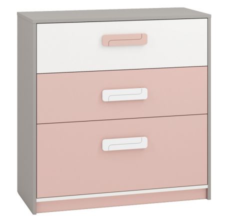 Children's room - Chest of drawers Renton 10, Colour: Platinum Grey / White / Powder Pink - Measurements: 94 x 92 x 40 cm (H x W x D), with 3 drawers