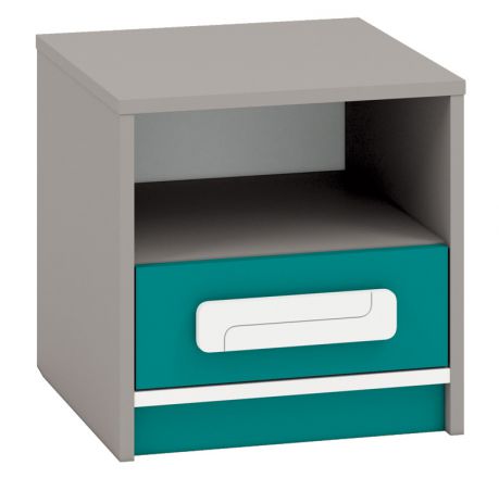 Children's room - Bedside table Renton 13, Colour: Platinum Grey / White / Blue Green - Measurements: 40 x 40 x 40 cm (H x W x D), with 1 drawer and 1 compartment