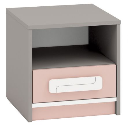 Children's room - Bedside table Renton 13, Colour: Platinum Grey / White / Powder Pink - Measurements: 40 x 40 x 40 cm (H x W x D), with 1 drawer and 1 compartment