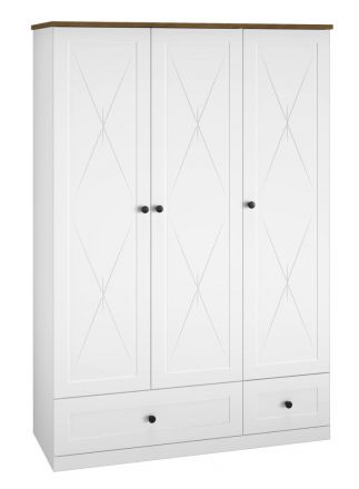 Hinged door cabinet / Closet Oulainen 02, Colour: White / Oak - Measurements: 200 x 137 x 54 cm (H x W x D), with 3 doors, 2 drawers and 6 compartments.