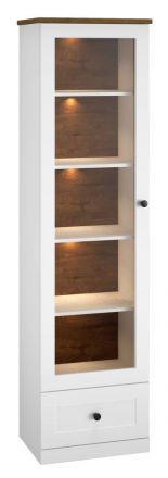 Display case Oulainen 04, Colour: White / Oak - Measurements: 200 x 55 x 40 cm (H x W x D), with 1 door, 1 drawer and 5 compartments.