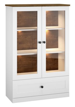 Display case Oulainen 05, Colour: White / Oak - Measurements: 140 x 92 x 40 cm (H x W x D), with 2 doors, 1 drawer and 3 compartments.