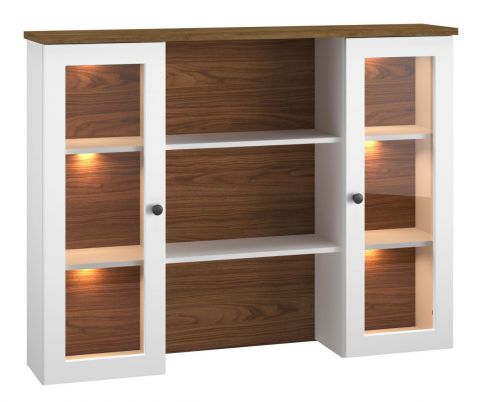 Display case top for chest of drawers Oulainen 06, Colour: white / oak - measurements: 105 x 138 x 28 cm (H x W x D), with 2 doors and 8 shelves