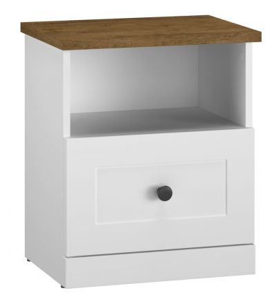 Bedside table Oulainen 12, Colour: White / Oak - Measurements: 54 x 46 x 34 cm (H x W x D), with 1 drawer and 1 shelf.