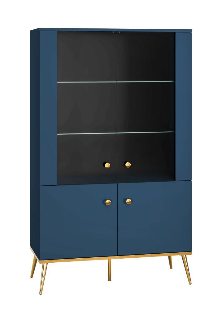 Display case Kumpula 02, Colour: dark blue - measurements: 152 x 92 x 40 cm (H x W x D), with 4 doors and 4 compartments.
