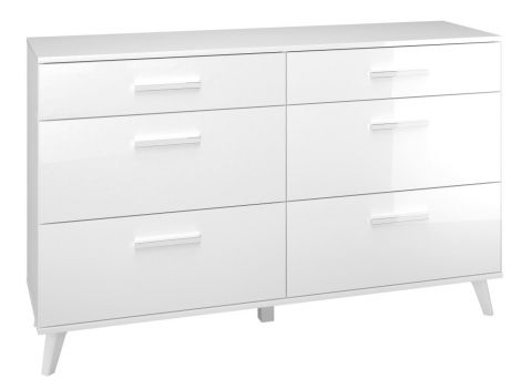 Chest of drawers Kaskinen 03, Colour: White / Glossy White - Measurements: 86 x 138 x 40 cm (H x W x D), with 6 drawers.
