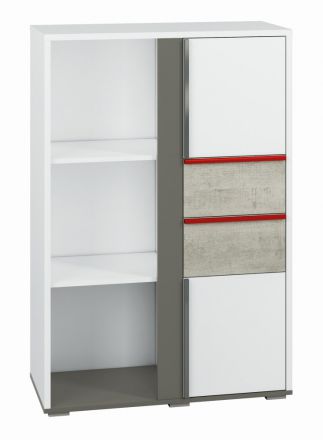 Children's room - Chest of drawers Connell 06, Colour: White / Anthracite / Grey Light - Measurements: 136 x 92 x 40 cm (H x W x D), with 2 doors, 2 drawers and 5 compartments