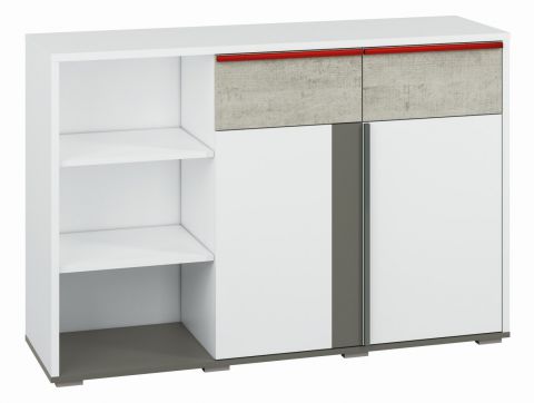 Children's room - Chest of drawers Connell 07, Colour: White / Anthracite / Grey Light - Measurements: 92 x 138 x 40 cm (H x W x D), with 2 doors, 2 drawers and 5 compartments