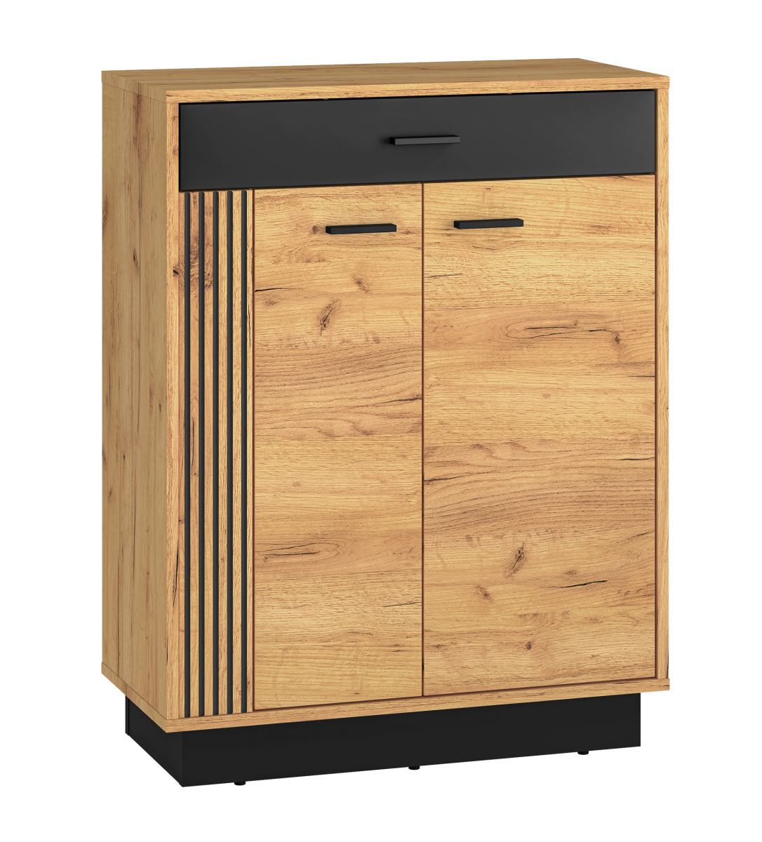 Shoe cabinet Lautela 05, color: oak / black - Dimensions: 91 x 70 x 34 cm (H x W x D), with 1 drawer, 2 doors and 4 compartments