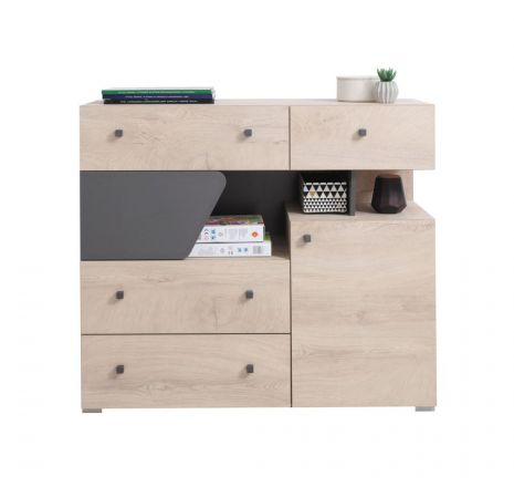 Children's room - Chest of drawers Chiny 11, Colour: Oak / Grey - Measurements: 95 x 110 x 40 cm (h x w x d)