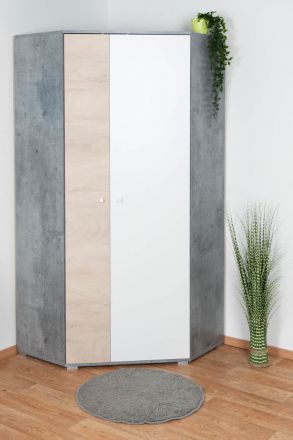 Children's room hinged door wardrobe / corner cabinet Lede 02, Colour: Grey / Oak / White - Measurements: 190 x 90 x 90 cm (H x W x D).
