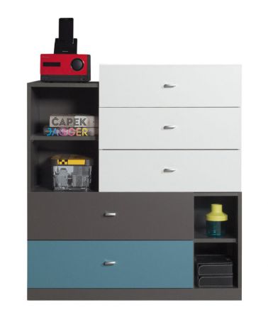 Children's room Chest of drawers Ohey 07, Colour: Grey / White / Blue - Measurements: 100 x 90 x 40 cm (h x w x d)