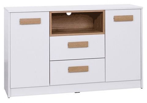 Chest of drawers Fafe 05, Colour: Oak riviera / White - Measurements: 76 x 123 x 40 cm (H x W x D), with 2 doors, 2 drawers and compartments.