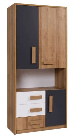 Cabinet with plenty of storage space Valbom 03, Colour: Oak riviera / White / Graphite - Measurements: 188 x 85 x 40 cm (H x W x D), with 3 doors, 3 drawers and compartments.