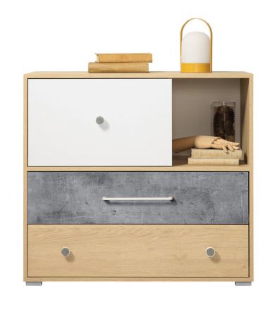 Children's room - Chest of drawers Modave 06, Colour: Oak / White / Grey - Measurements: 82 x 90 x 40 cm (H x W x D)