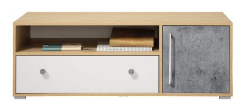 Children's room - TV base cabinet Modave 08, Colour: Oak / White / Grey - Measurements: 42 x 120 x 50 cm (H x W x D)