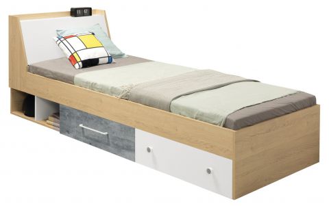 Children's bed / Kid bed Modave 11, Colour: Oak / White / Grey - Lying area: 90 x 200 cm (w x l)