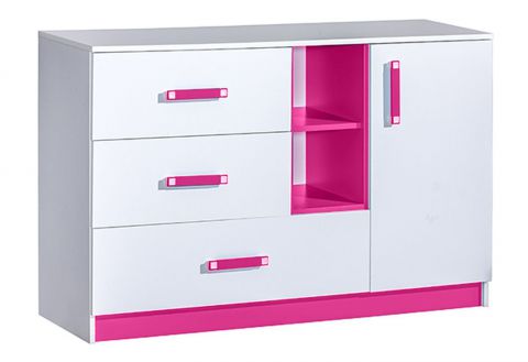 Children's room - Chest of drawers Frank 07, Colour: White / Pink - 83 x 130 x 40 cm (h x w x d)