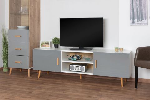 TV base cabinet Hohgant 06, Colour: White / Grey high gloss - 55 x 180 x 42 cm (H x W x D)