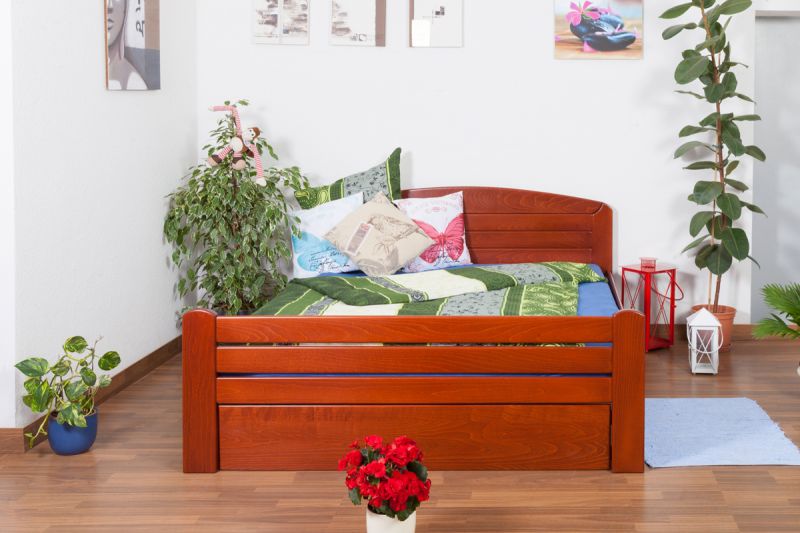 Double bed "Easy Premium Line" K7 incl. cover plate, solid beech wood, cherry coloured - 160 x 200 cm 