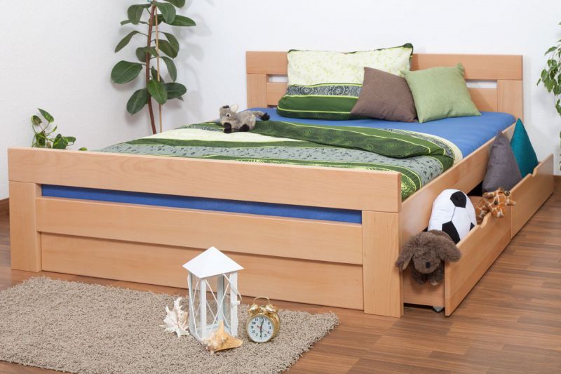 Double bed / Storage bed "Easy Premium Line" K6 incl. 2 drawers and 1 cover plate, solid beech wood, clearly varnished - 180 x 200 cm 