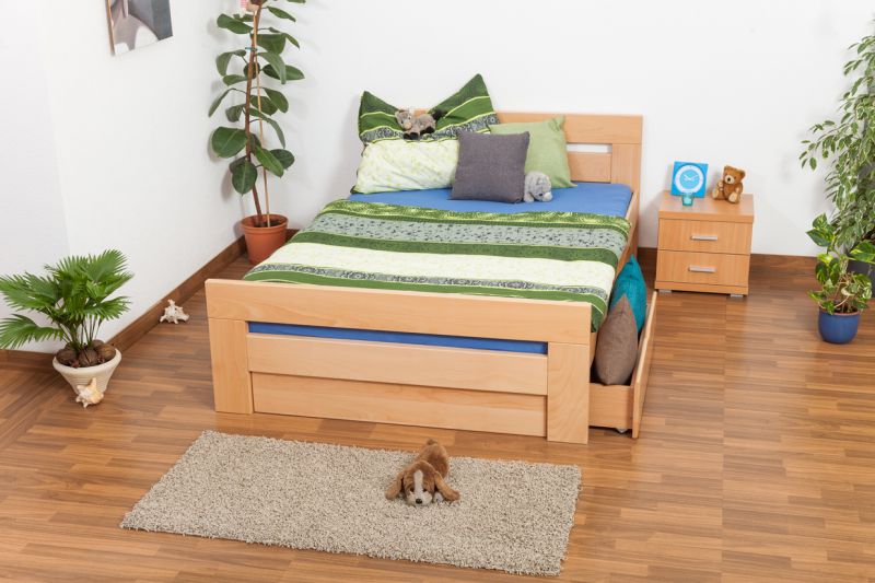 Youth bed "Easy Premium Line" K6 incl. 2 underbed drawers and 1 cover plate, solid beech wood, clearly varnished - 140 x 200 cm 