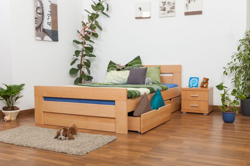 Single bed / Storage bed "Easy Premium Line" K6 incl. 2 drawers and 1 cover plate, solid beech wood, clearly varnished - 140 x 200 cm 