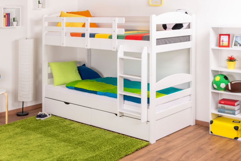 Bunk bed / bunk bed "Easy Premium Line" K18/n incl. 2 drawers and 2 cover panels, headboard with holes, solid beech wood white - 90 x 200 cm, (w x l) divisible