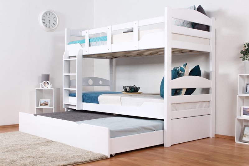 Bunk bed "Easy Premium Line" K10/h incl. trundle bed frame and cover plates, solid beech wood, white finish - 90 x 200 cm 