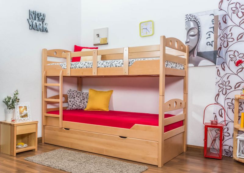 Bunk bed "Easy Premium Line" K11/h incl. trundle bed frame and cover plates, solid beech wood, clearly varnished - 90 x 200 cm 