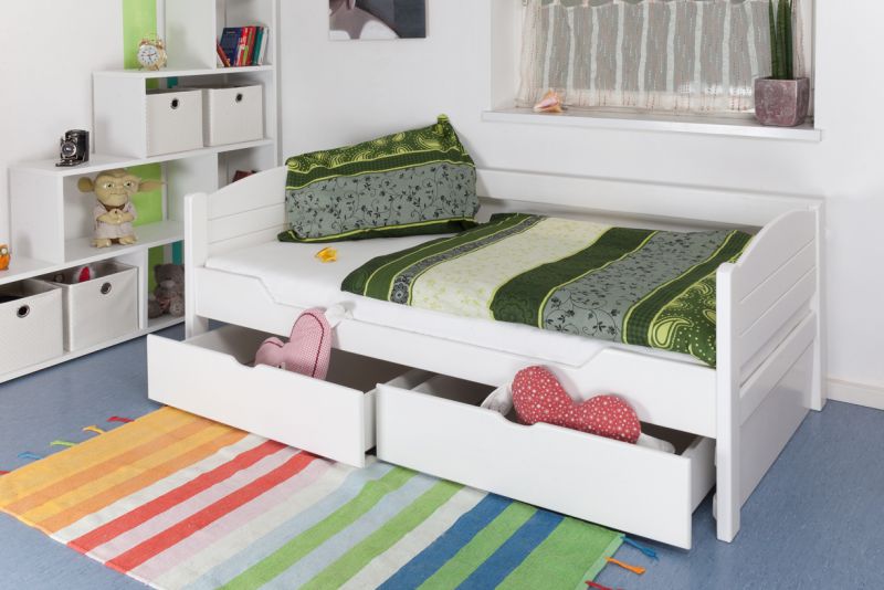 Single bed / Storage bed "Easy Premium Line" K1/s Full, incl. 2 drawers and cover plates, beech wood, solid, white - 90 x 200 cm