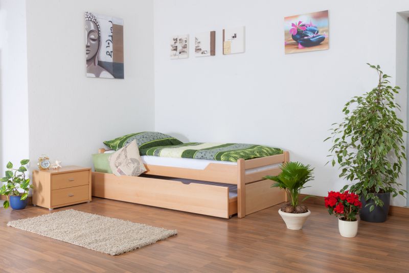 Single bed "Easy Premium Line" K1/1h incl. trundle bed frame and cover plates, solid beech wood, clearly varnished - size 90 x 200 cm 
