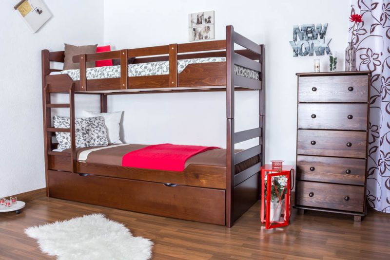 Bunk bed "Easy Premium Line" K3/h incl. trundle bed frame and cover plates, solid beech wood, dark brown finish - 90 x 200 cm 
