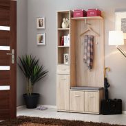 Modern wardrobe with seat cushion Bratteli 02, color: oak Sonoma - Dimensions: 203 x 90 x 32 cm (H x W x D), with sufficient storage space