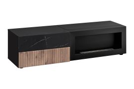 TV base unit | bio-ethanol fireplace | ribbed front | color: black / oak vicking / black marble | push-to-open function | 160 x 45 x 42 cm | 2 drawers