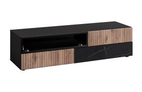 TV cabinet | ribbed front | color: black / oak vicking / black marble | push-to-open function | 160 x 45 x 42 cm | 3 drawers | 1 tilt door